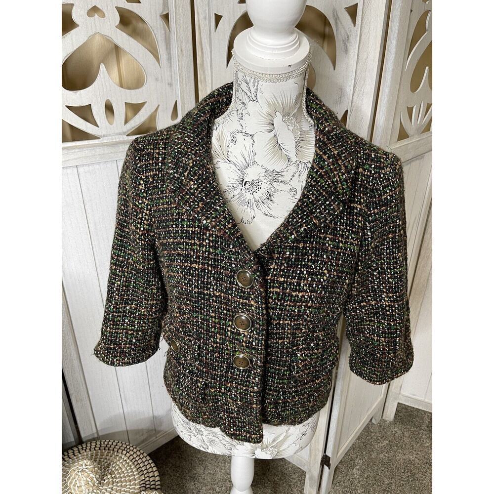 LOFT Tweed Boucle Cropped Blazer Women's Size 12P Greens Multicolor 3/4 Sleeve